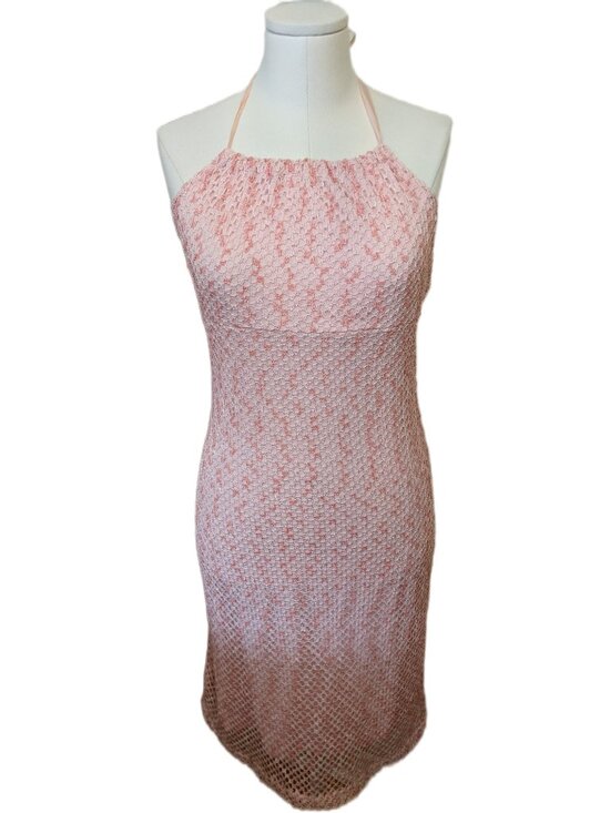 Now Dresses & Skirts - Vintage Y2K Pink Crochet Mesh Overlay Halter Bodycon Midi Dress Fairy Coquette S